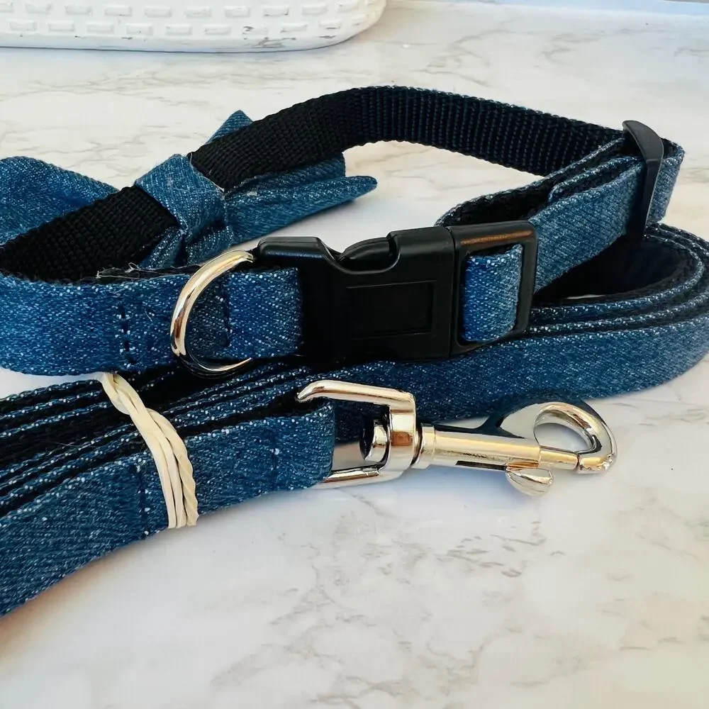Bow Tie Dog Collar and Leash Set for Medium Dogs - Medium Puppy Blue Denim